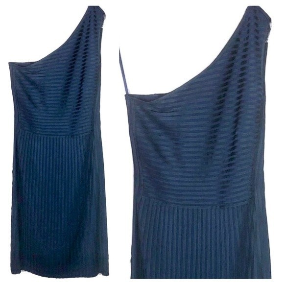 Adolfo Dominguez Designer Formal Midi Dress 6 One Shoulder Pintuck Navy Blue - Picture 2 of 14